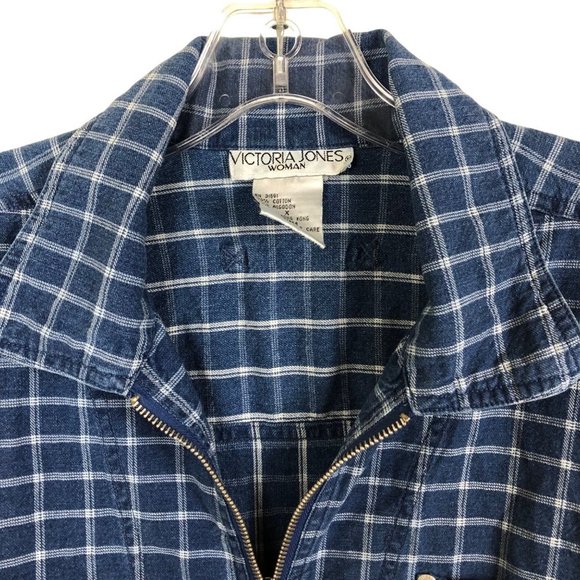 VICTORIA JONES WOMAN Denim Style Plaid Shacket Shirt Jacket Zip Up Size X - Picture 4 of 11